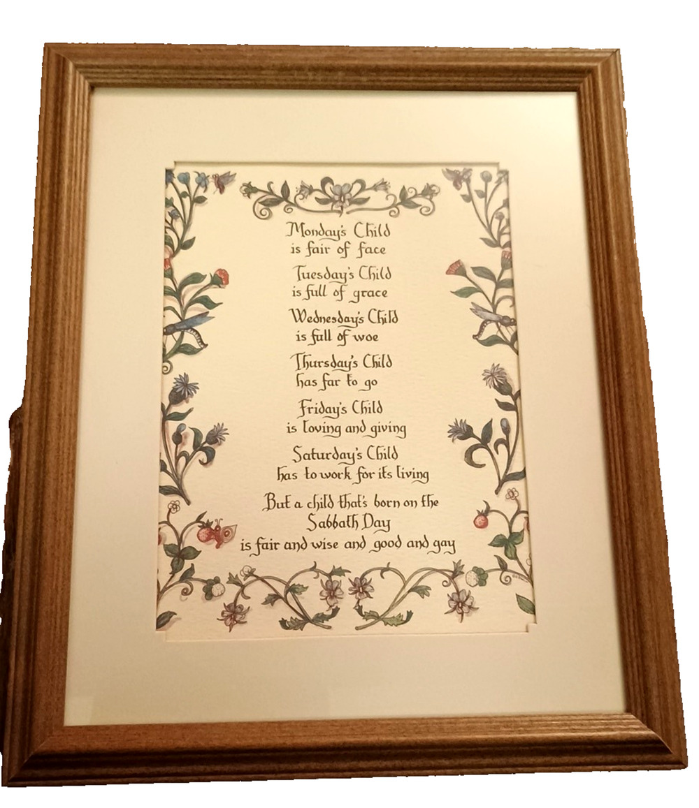 Vtg Calligraphy Studio Mon Tue Wed Thurs Fri Sat Sun Child is Fair Framed Poem